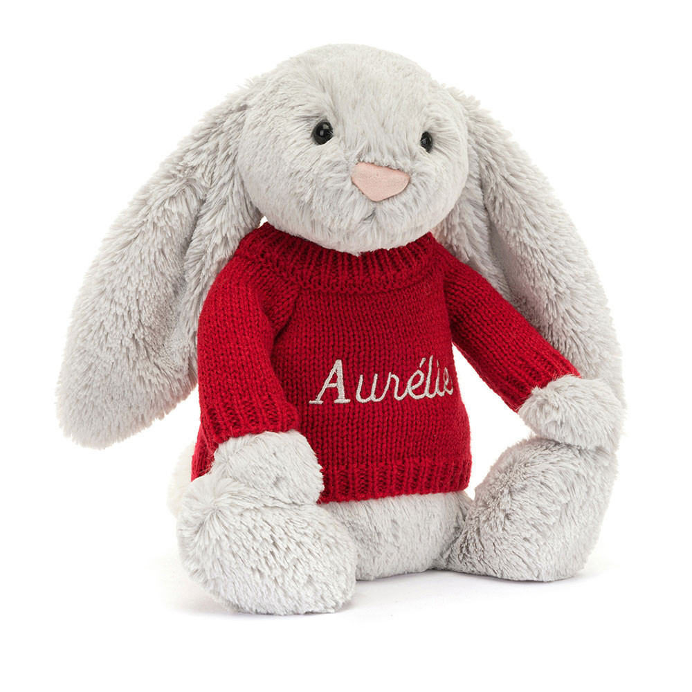Bashful Silver Bunny with Personalized Red Jumper